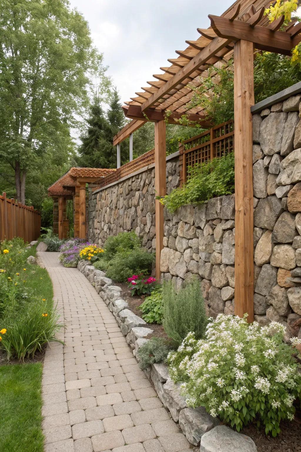 Mixed materials like wood and stone create an eclectic garden charm.