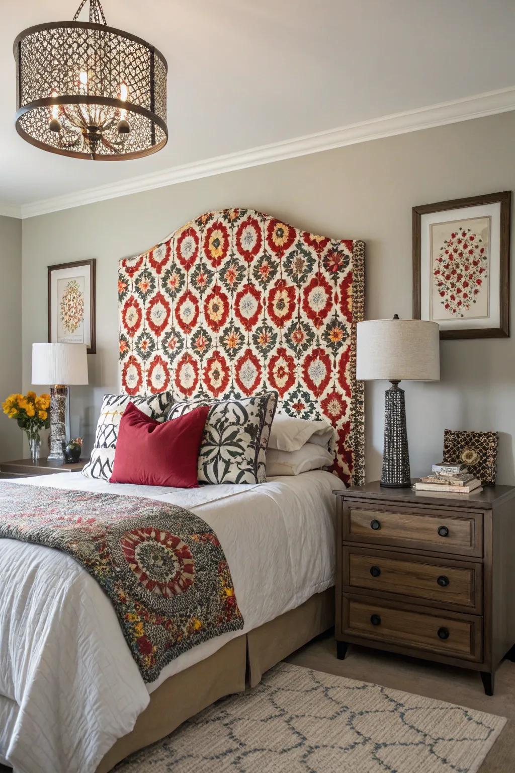 A statement headboard serves as a striking focal point.