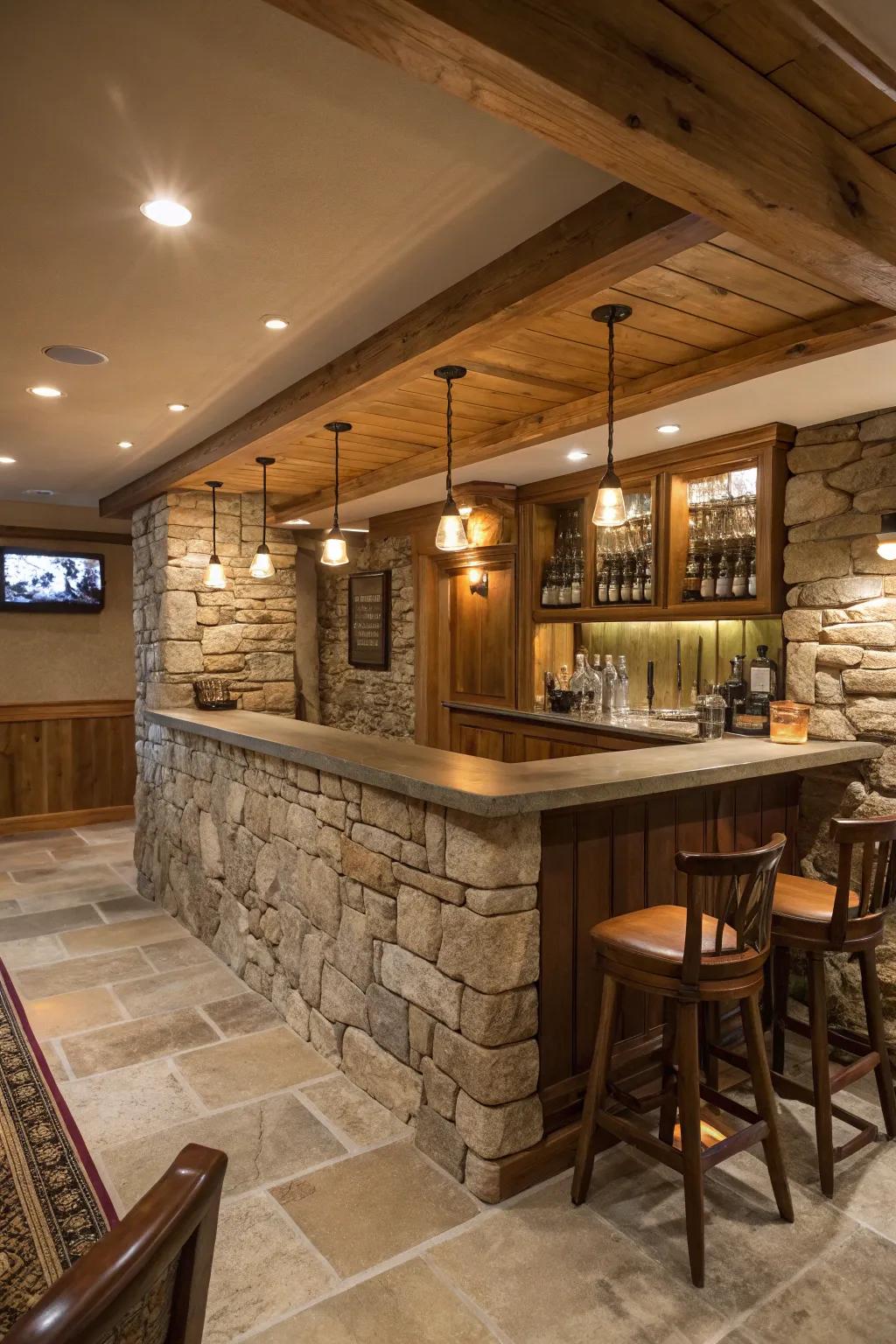 Natural stone bar front adding an organic touch to the space.