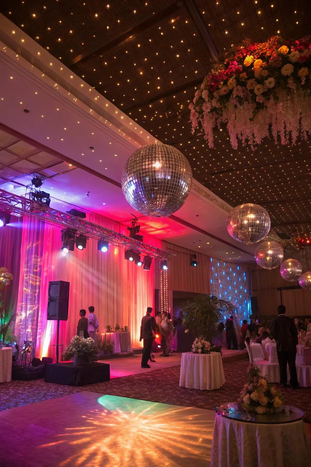 Disco balls and vibrant lighting for retro vibes.