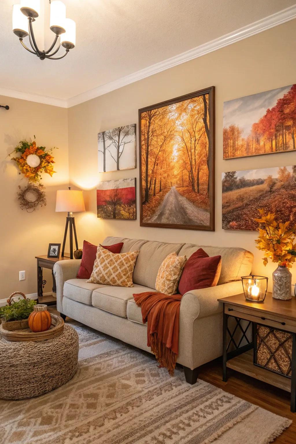 A living area with seasonal wall art swaps featuring warm shades