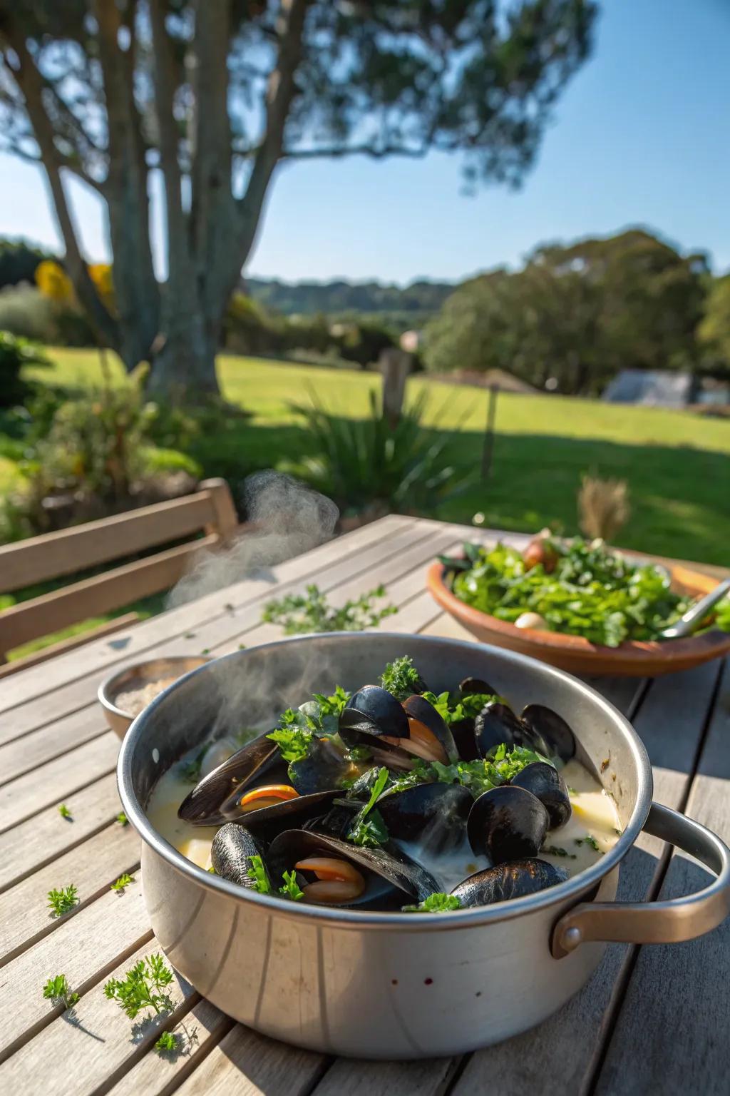 Mussels in white wine sauce, bringing an elegant touch to your picnic.