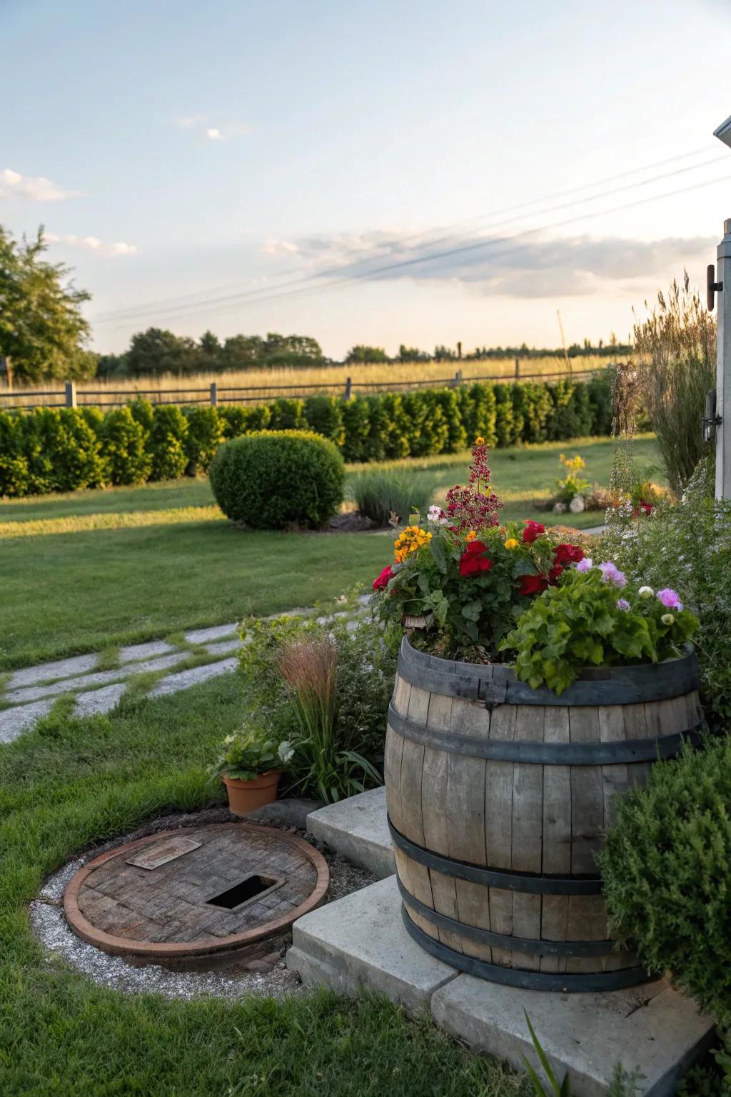 Wine barrels add a rustic charm to gardens.