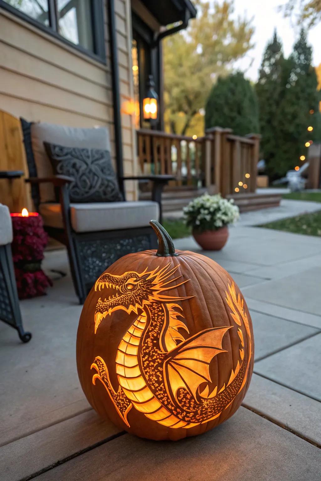 A mythical dragon carved into a pumpkin, adding fantasy charm.