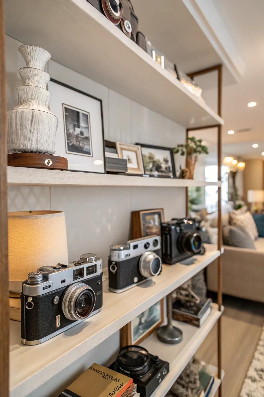 A collection of vintage cameras adds personal charm to shelves.