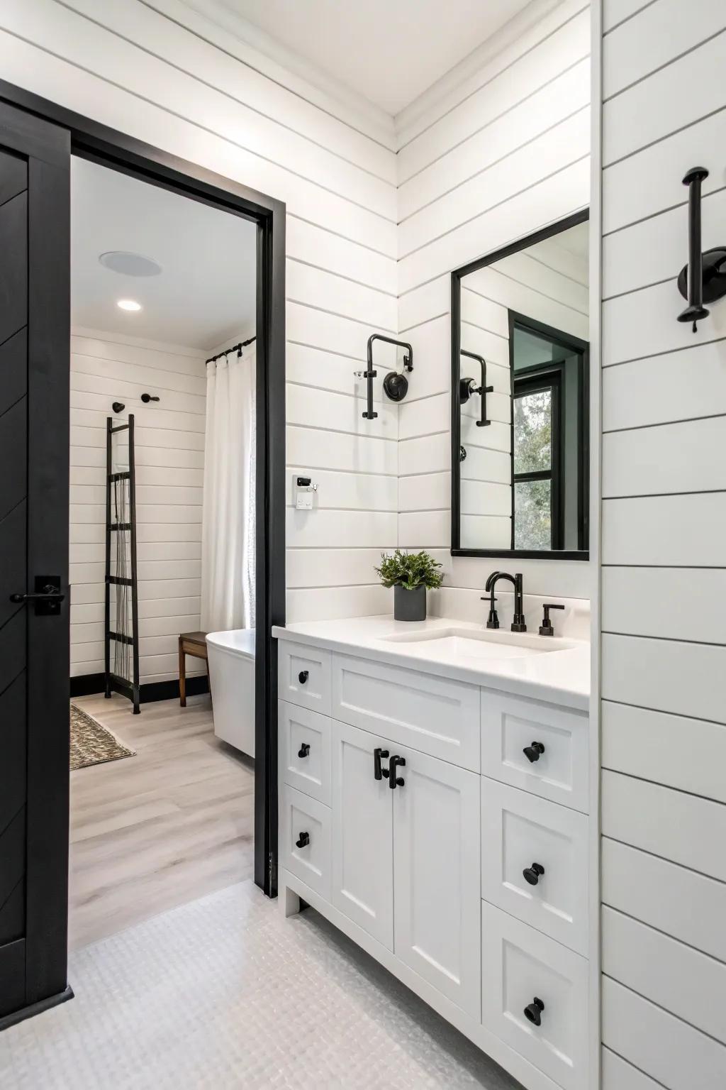 A monochrome bathroom with white board and batten for a textured look.