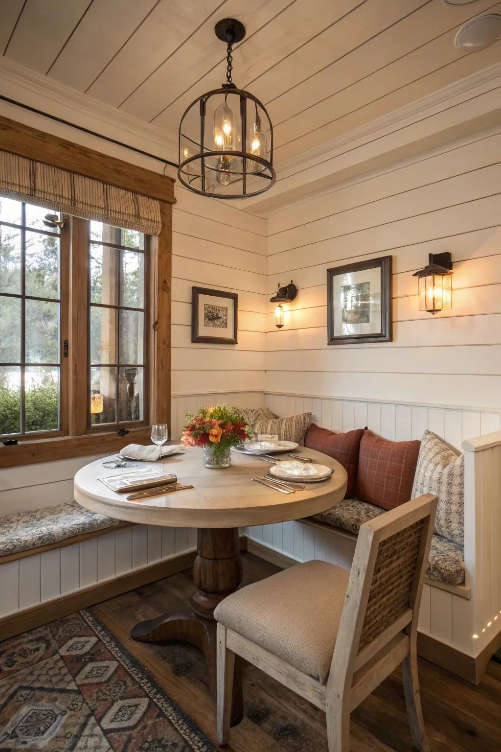 A cozy corner nook with shiplap walls and comfortable seating.