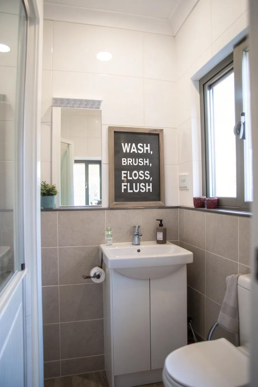 A bathroom featuring a humorous 'Wash, Brush, Floss, Flush' sign.