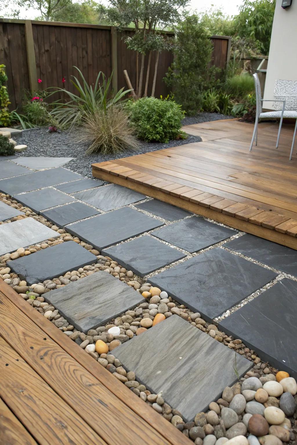 A slate patio featuring a creative material blend.