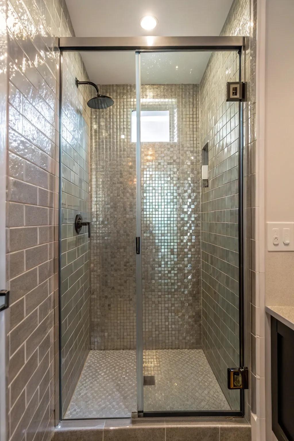 Metallic tiles infuse radiance and sophistication.