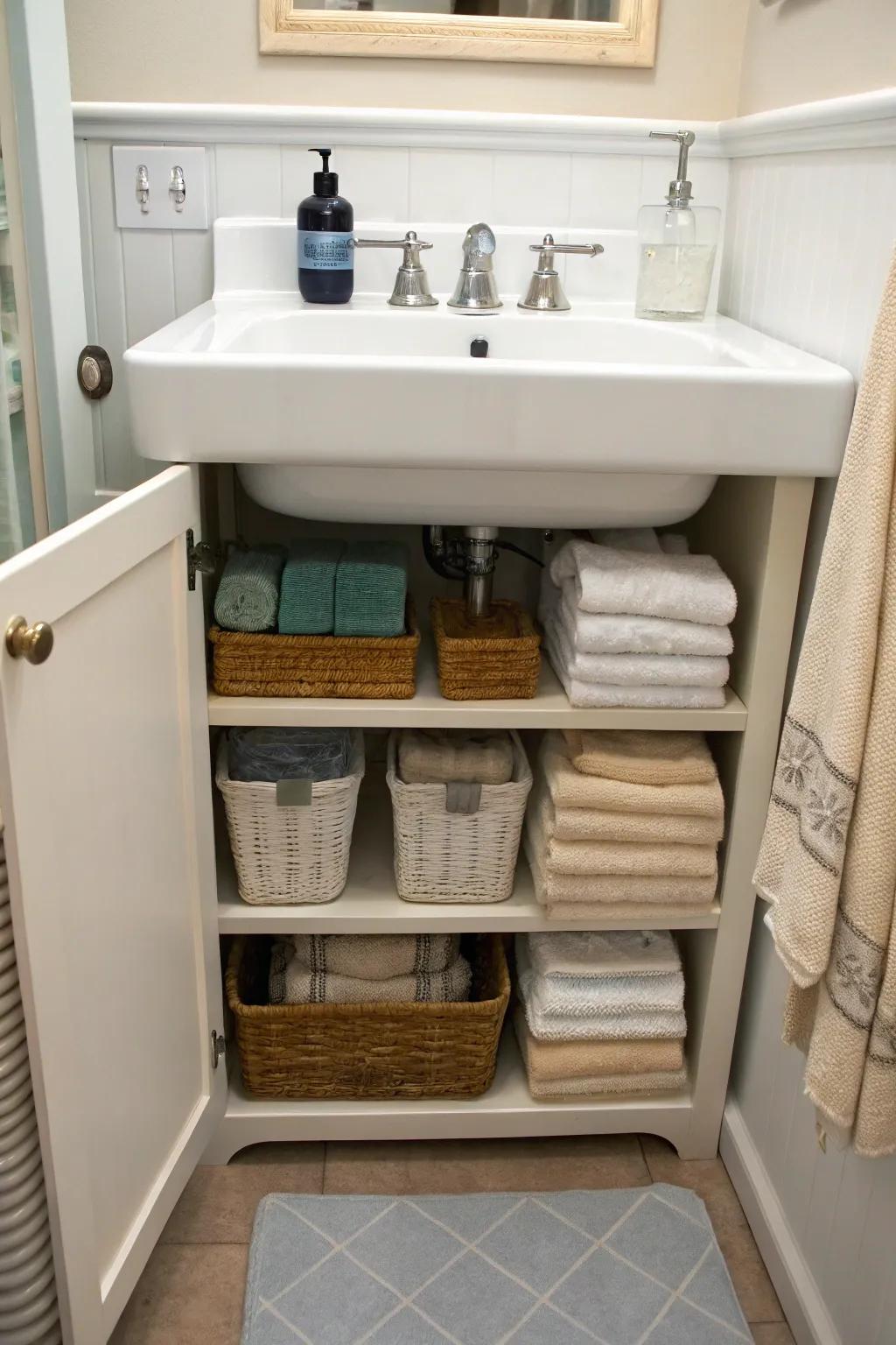 Under-sink organizers keep towels hidden yet accessible.