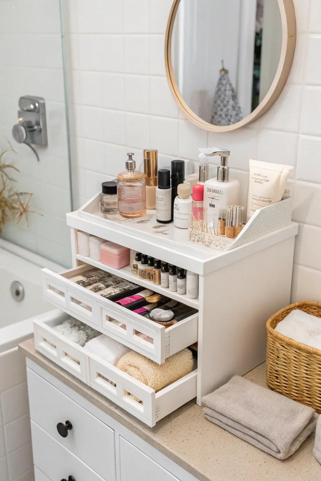 Functional organizers that ensure a tidy and efficient small bathroom vanity.