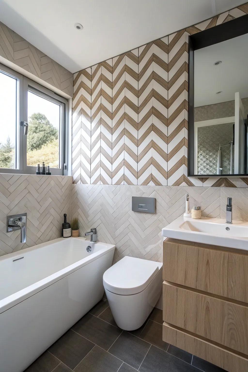 Herringbone segments in a diminutive bathroom, furnishing a stylish and dynamic aspect.