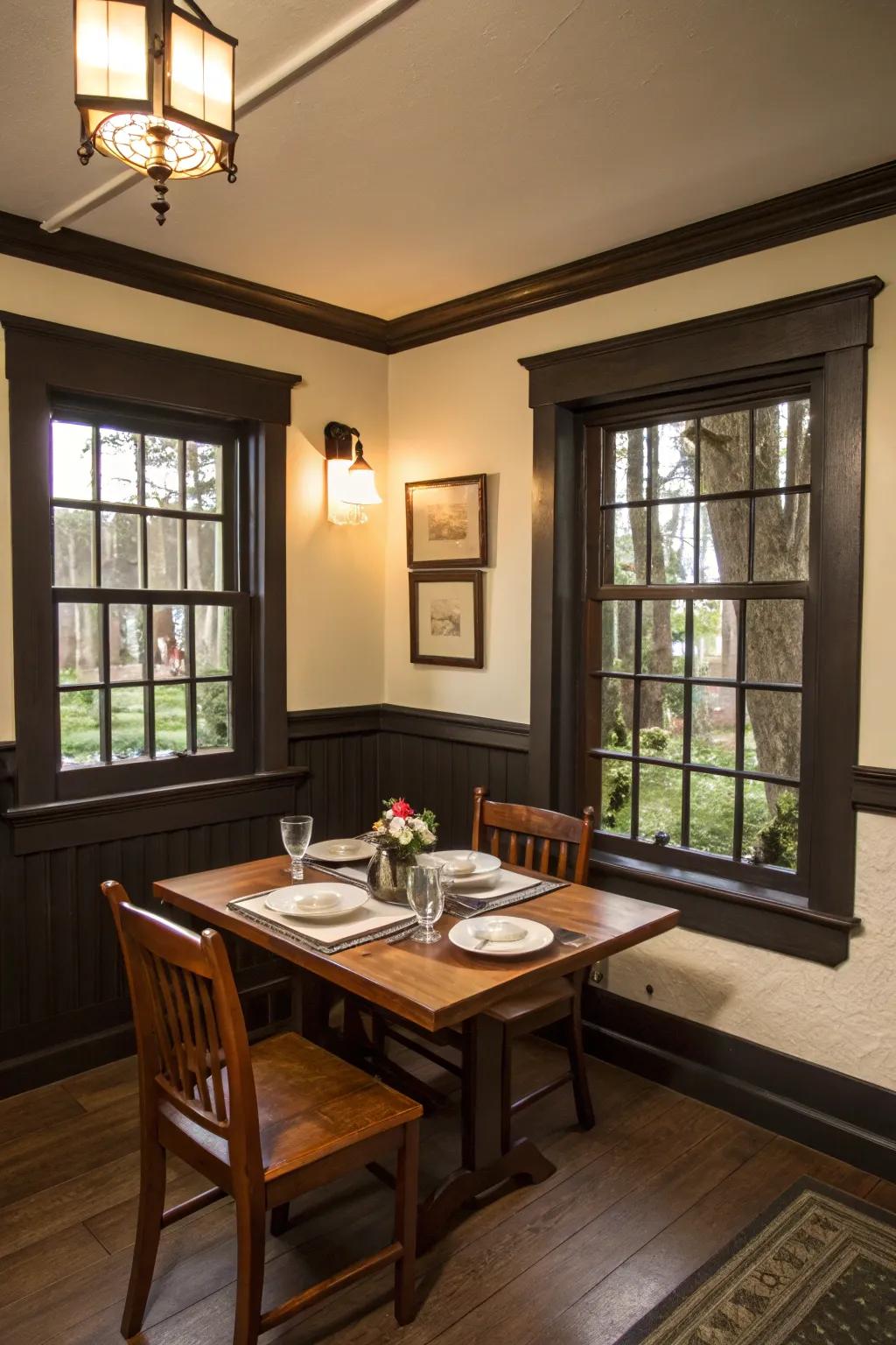 Dark window trim creates an intimate and stylish atmosphere.