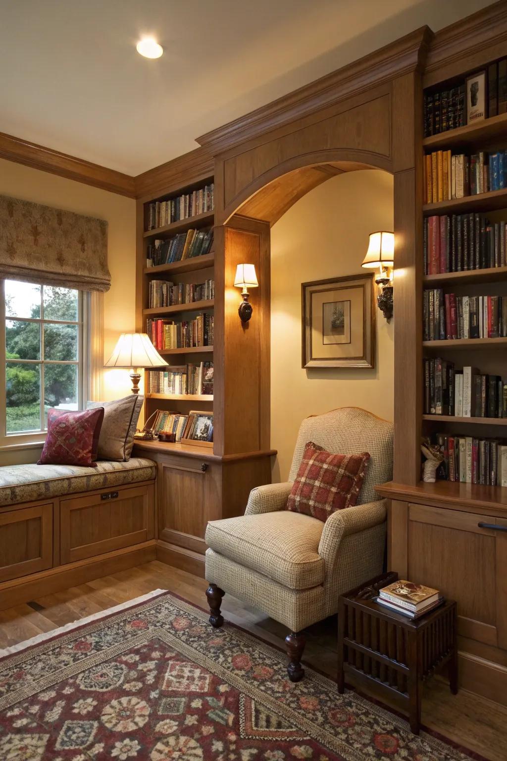 A reading alcove offers a snug and private reading space.