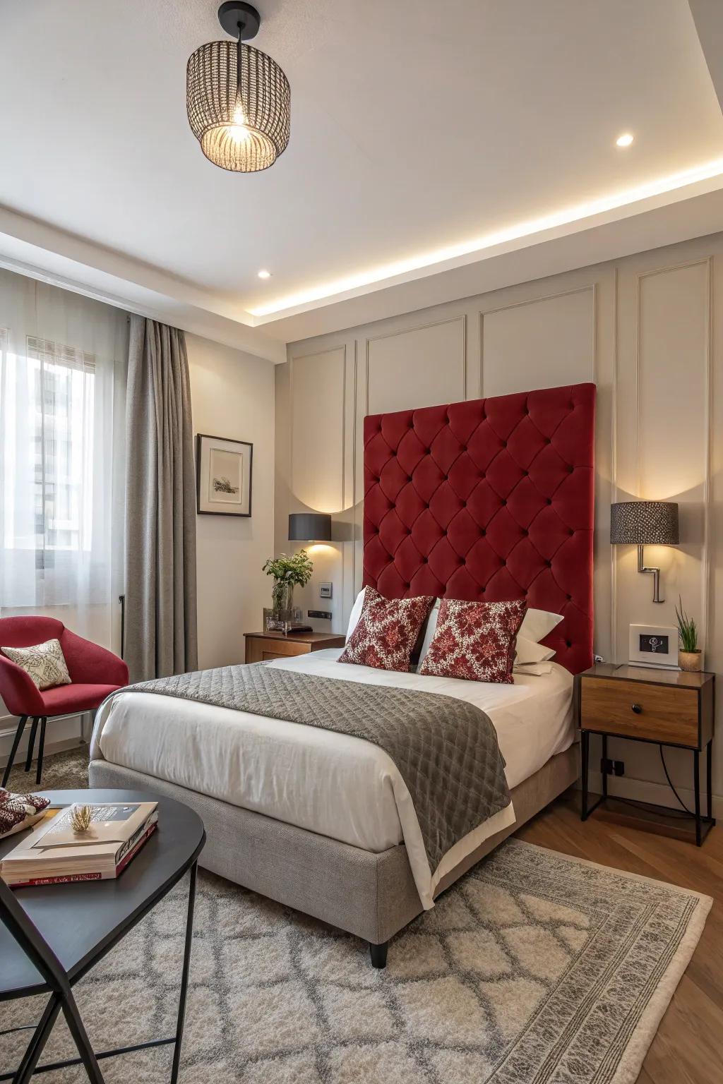 A bold red headboard in a small bedroom serves as a striking focal point.