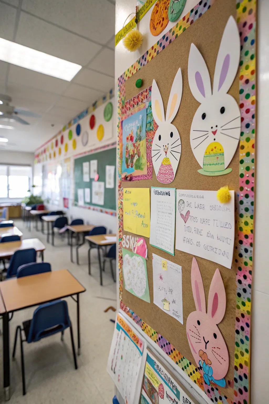 A playful bulletin board with bunny decorations, bringing smiles and excitement.