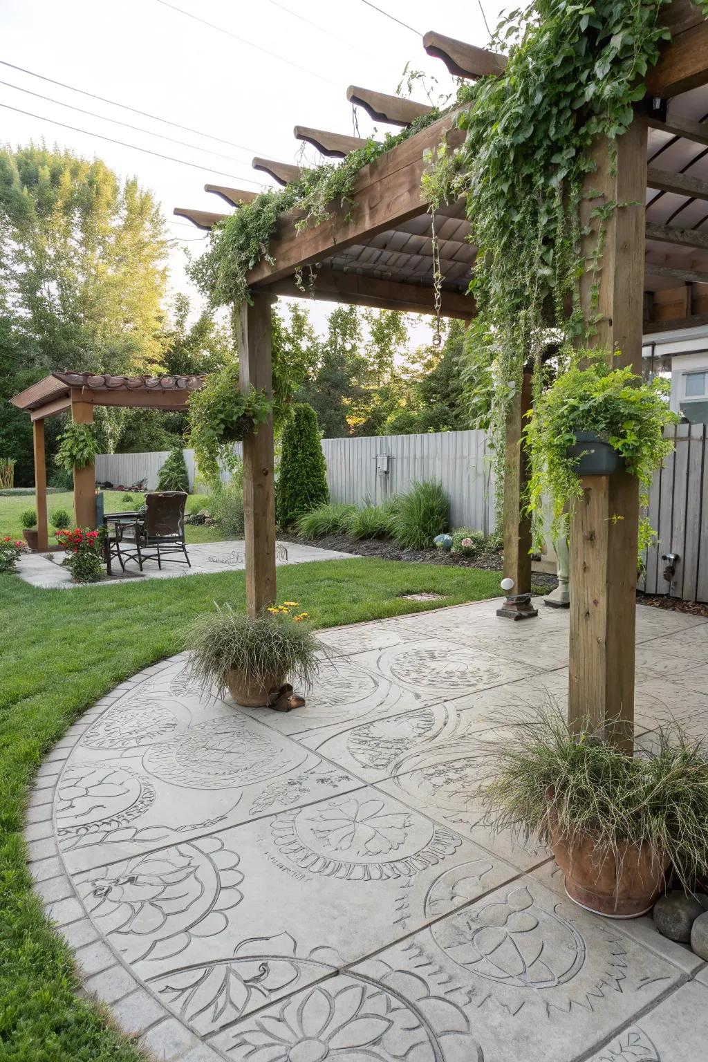 A DIY pergola offers shade and enhances the patio's appeal.