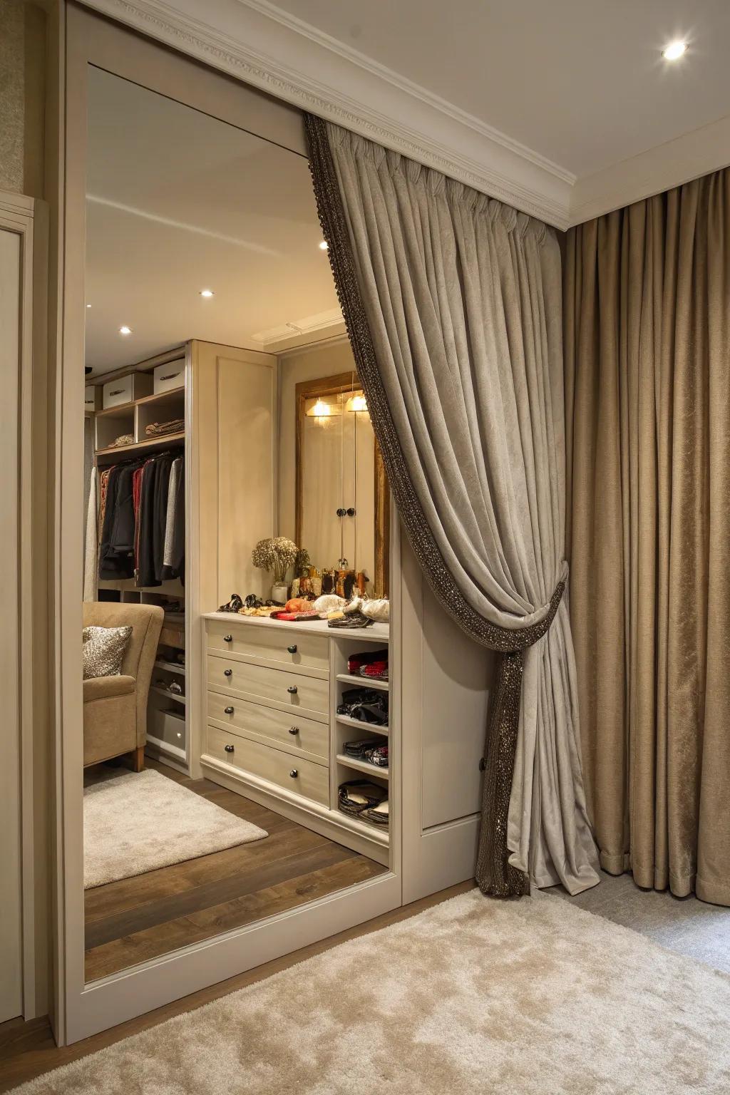 Bedroom corner with storage hidden behind a luxurious curtain.