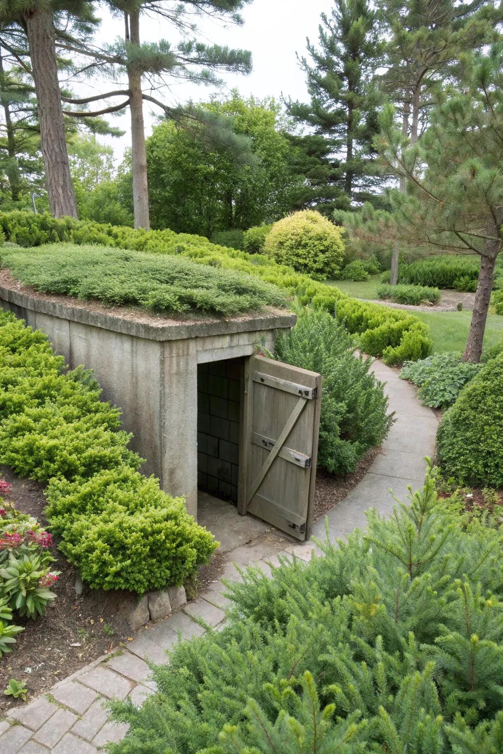 Evergreen shrubs offer constant beauty and low maintenance around the storm shelter.