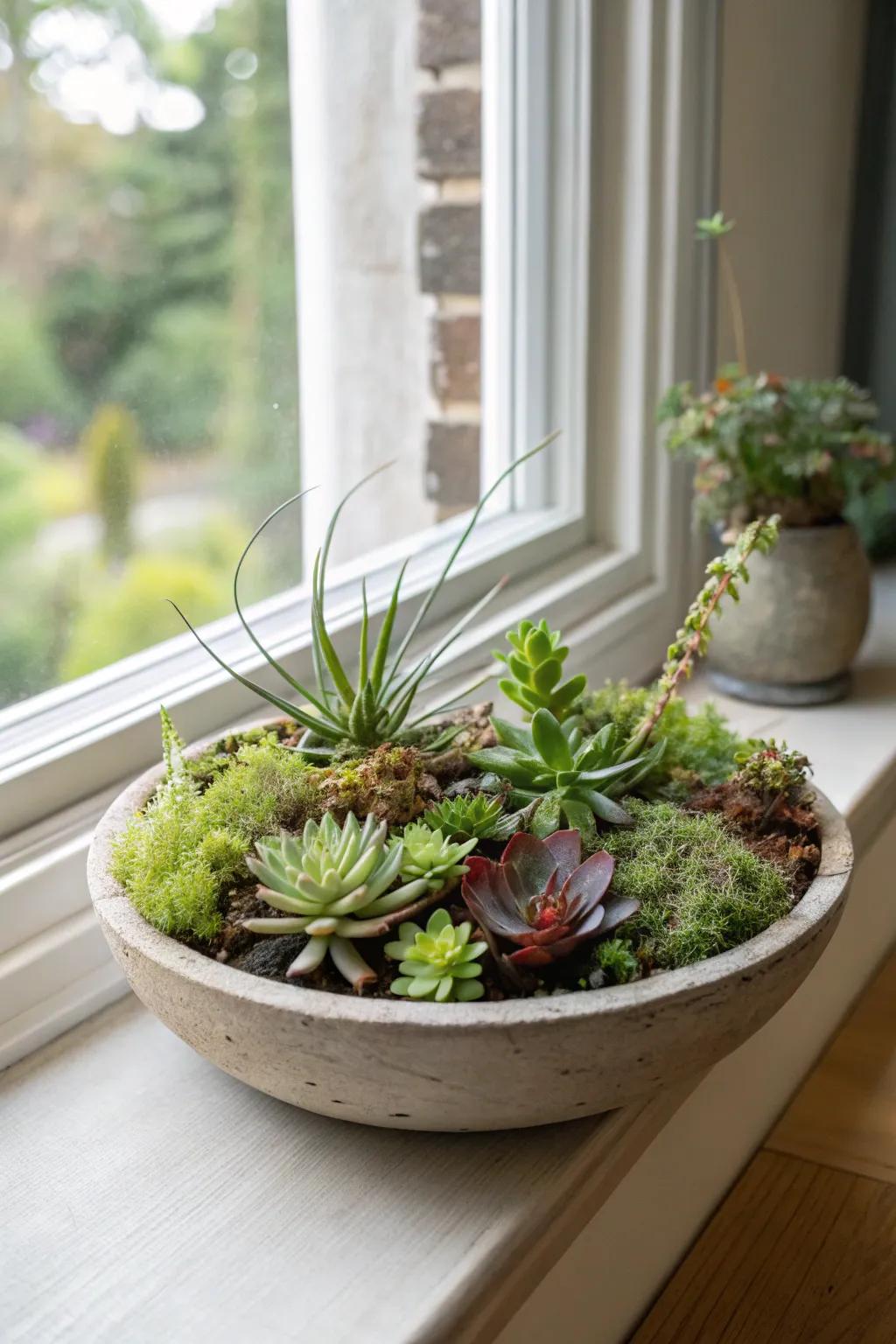 A whimsical succulent garden mixed with air plants.