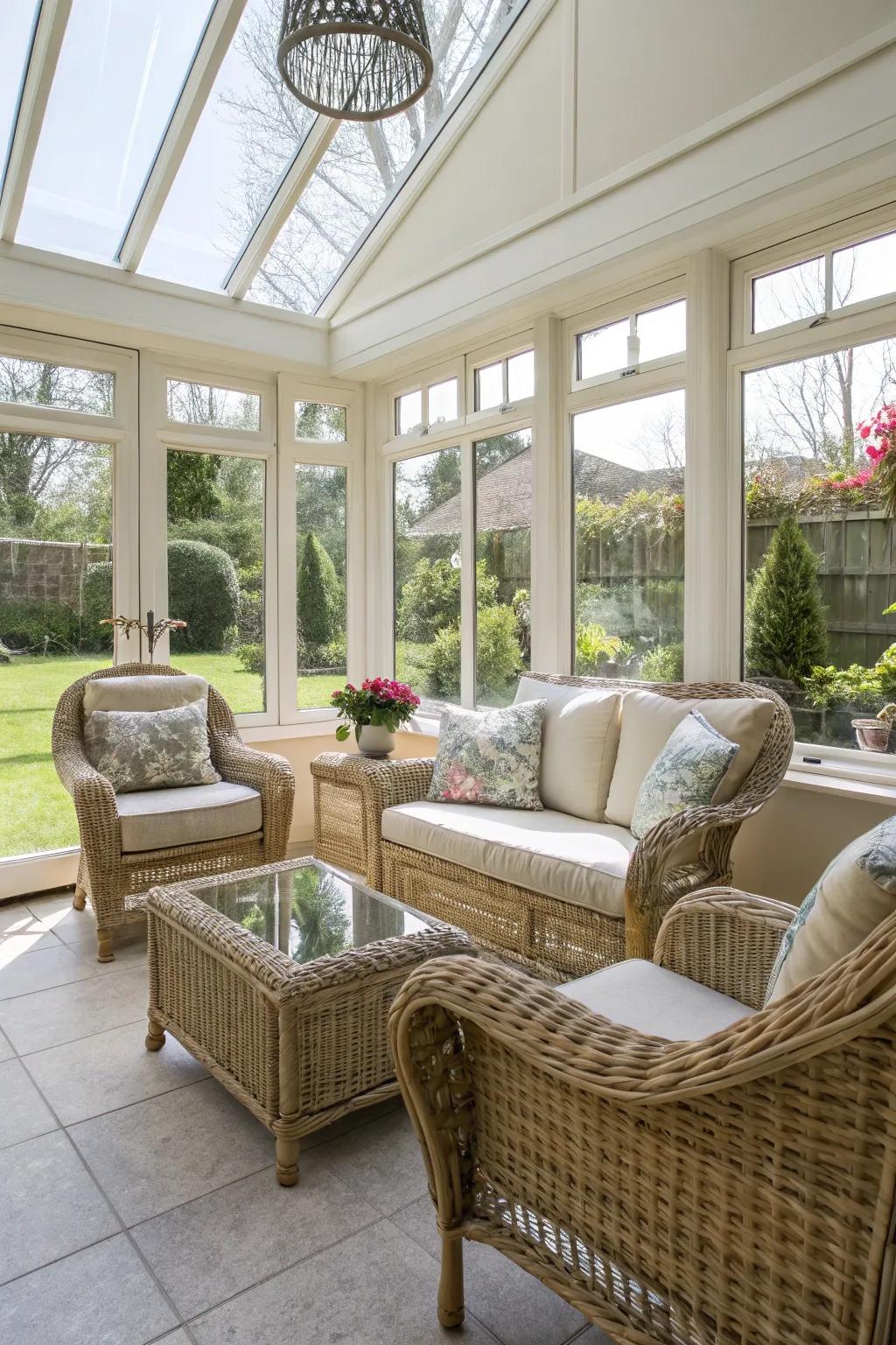 Weather-resistant furniture ensures durability in the sunroom.