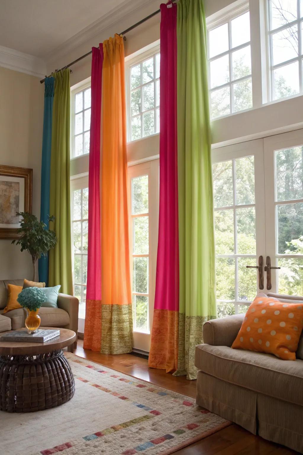 Color-blocked curtains for added dimension and individuality.