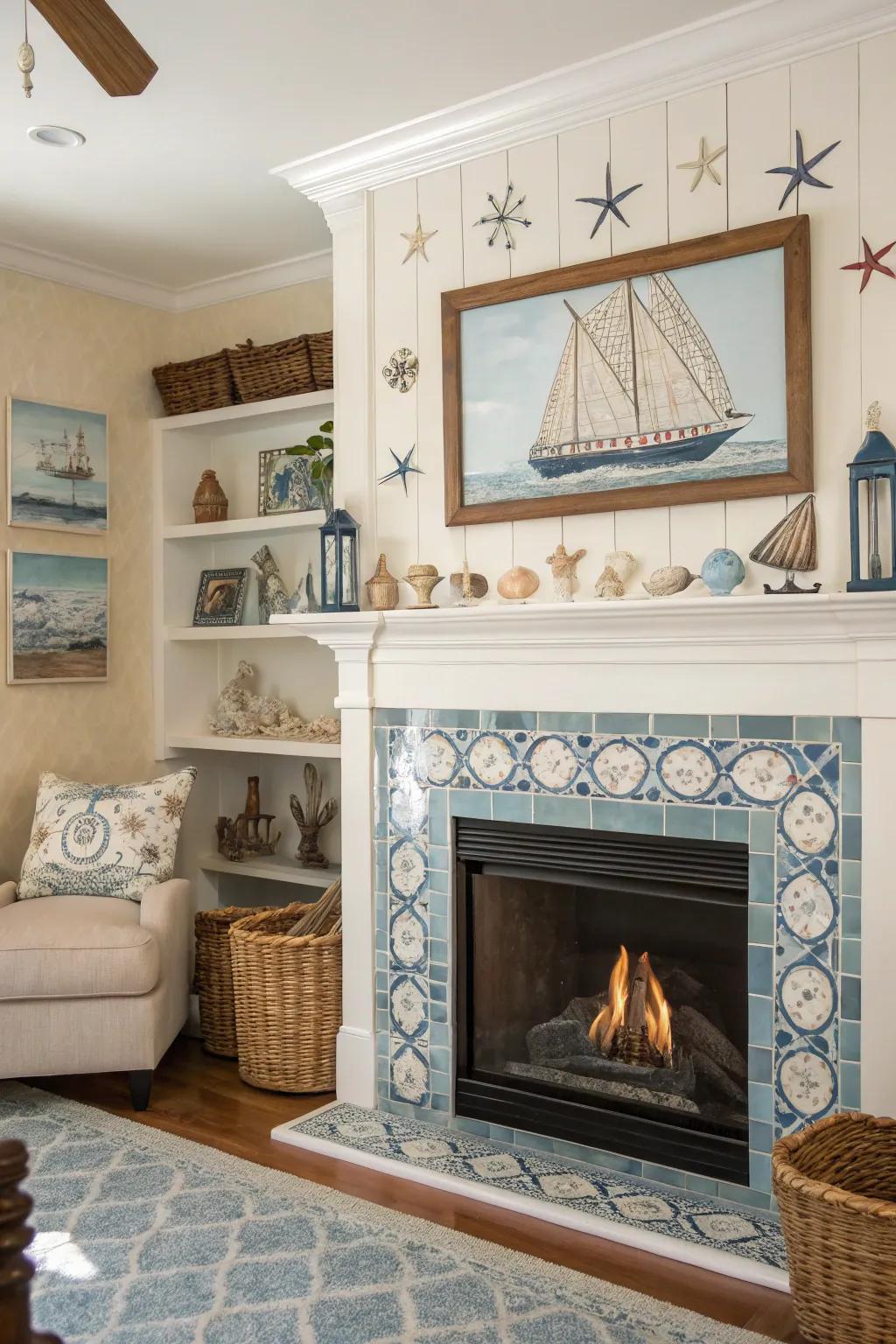 Coastal-inspired cladding brings a relaxing seaside vibe to this fireplace.