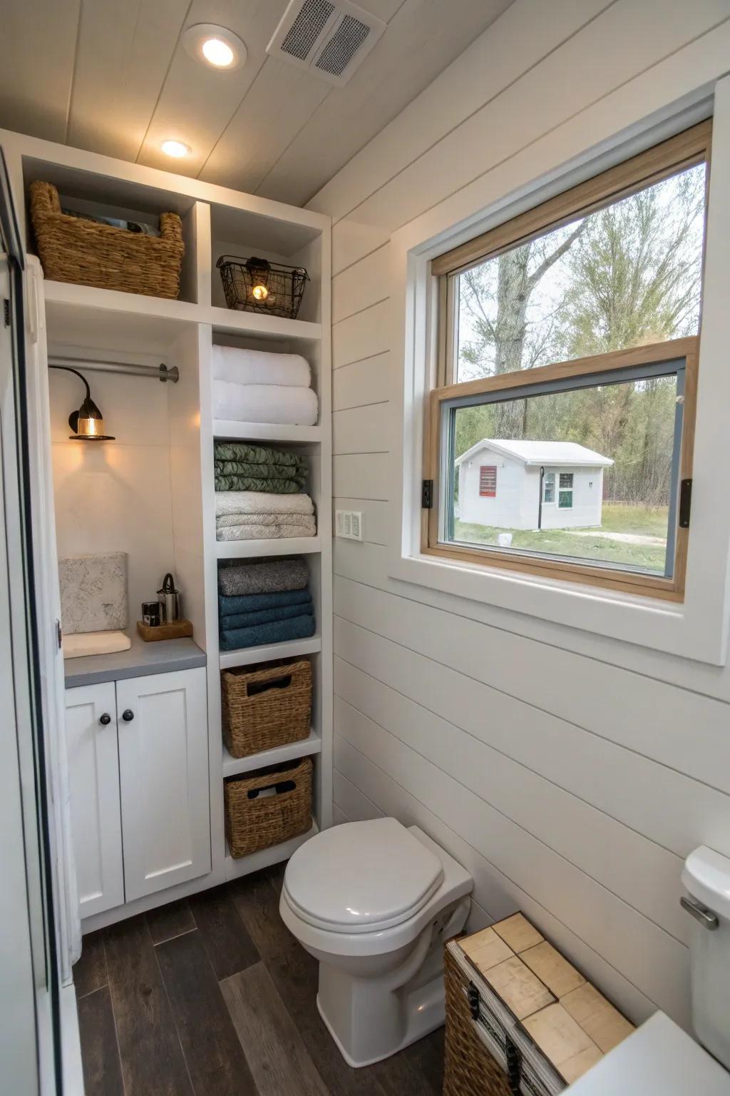 Discreet storage cubbies improving bathroom organization