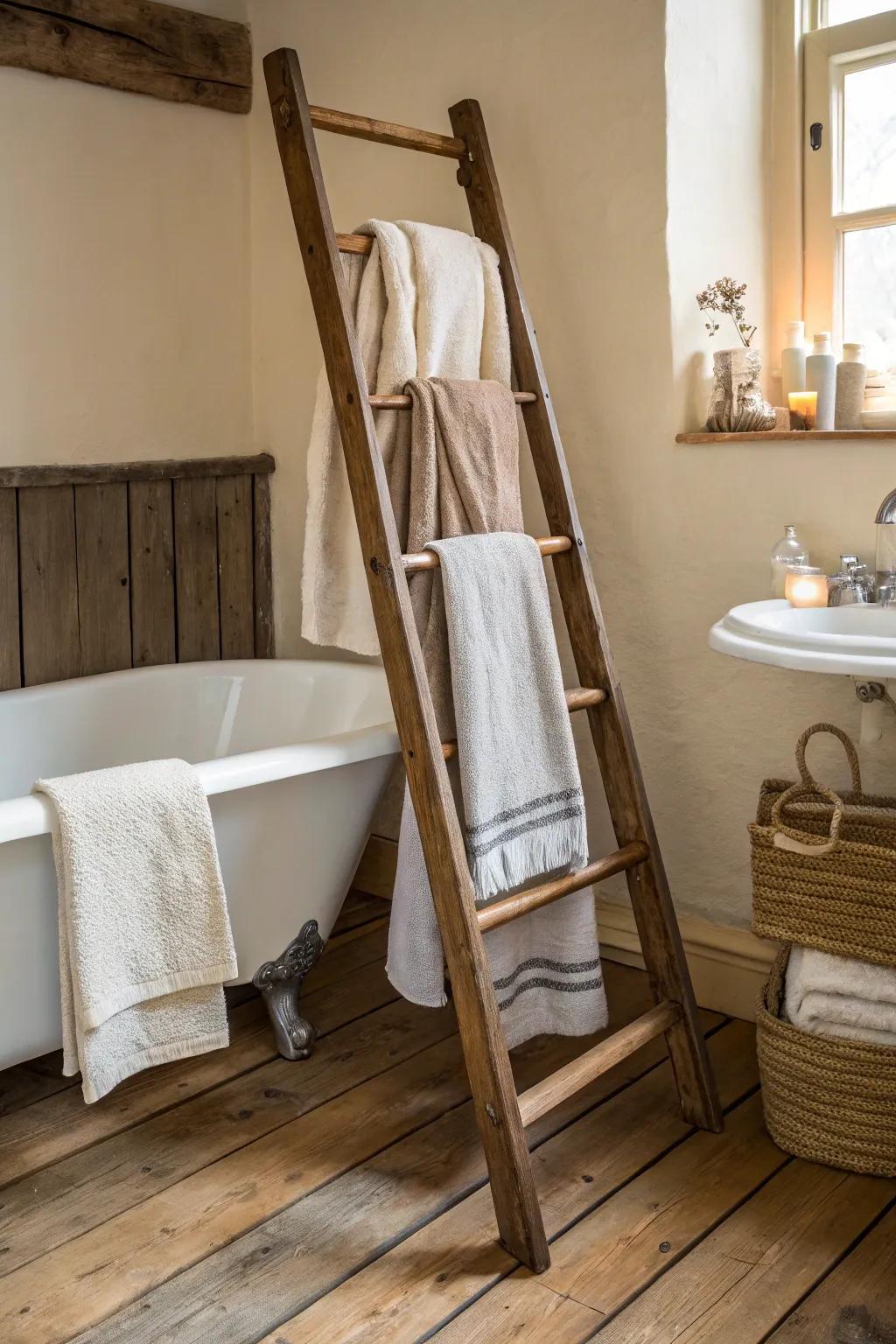 A vintage ladder adds nostalgic charm to towel storage.