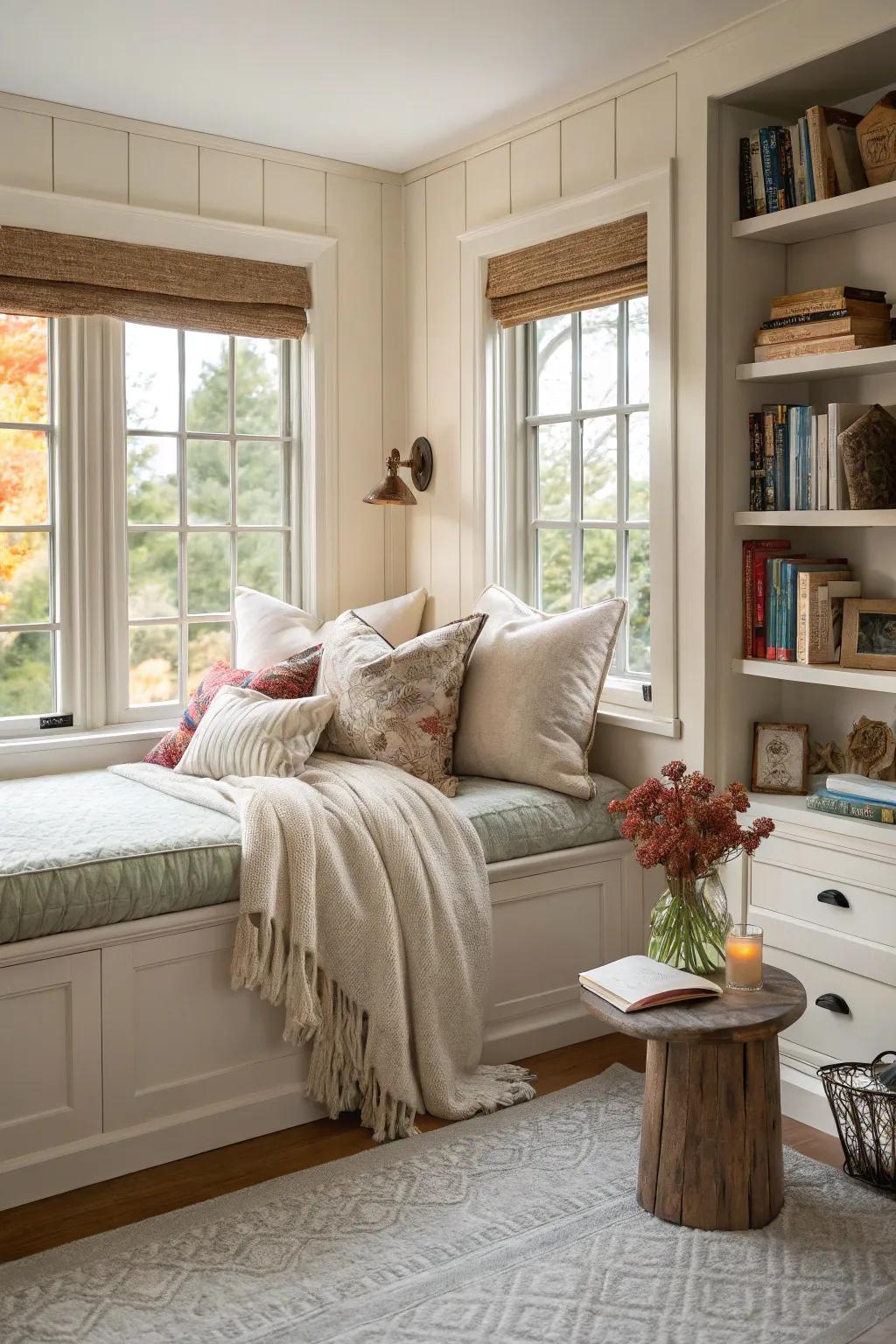 A window bench enhances charm and comfort.