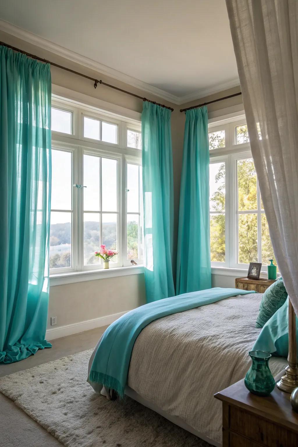 Turquoise curtains soften the light and enhance the ambiance of this bedroom.