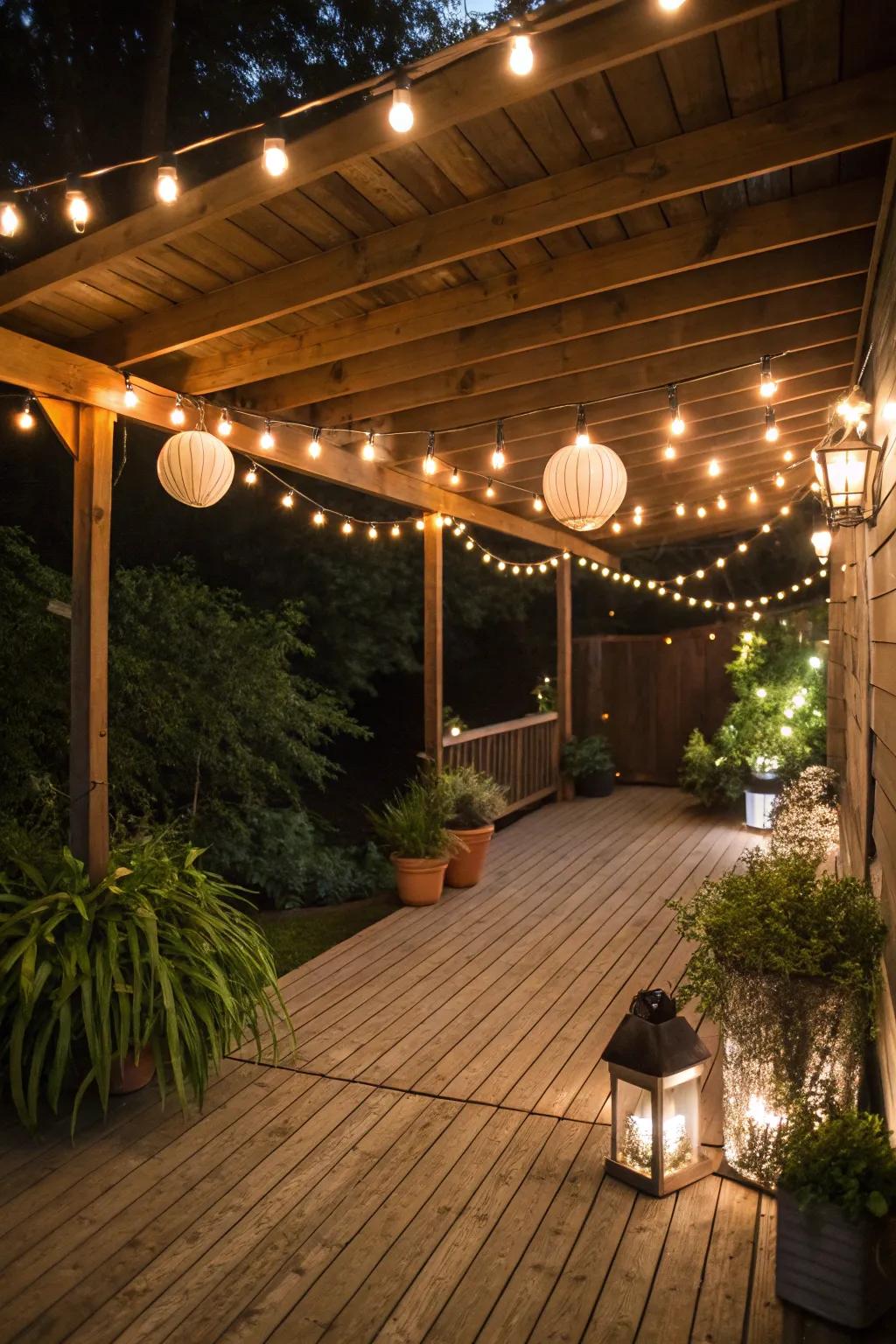 Enchanting soft lighting under the deck for a warm and welcoming ambiance.