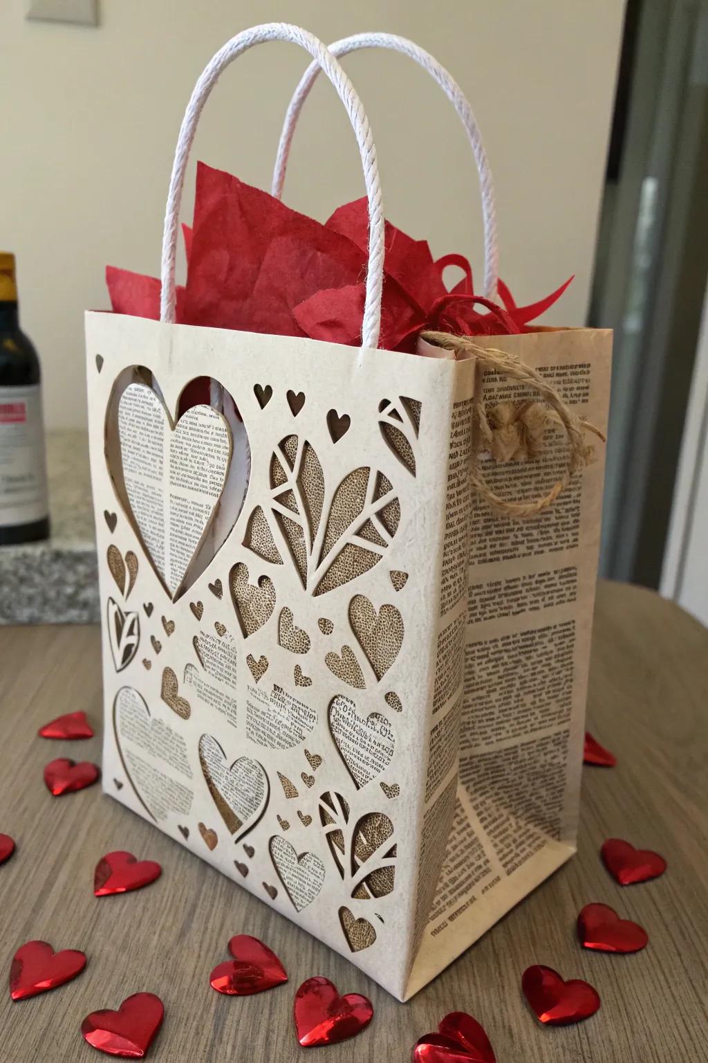 Eco-friendly Valentine's bag with recycled materials.