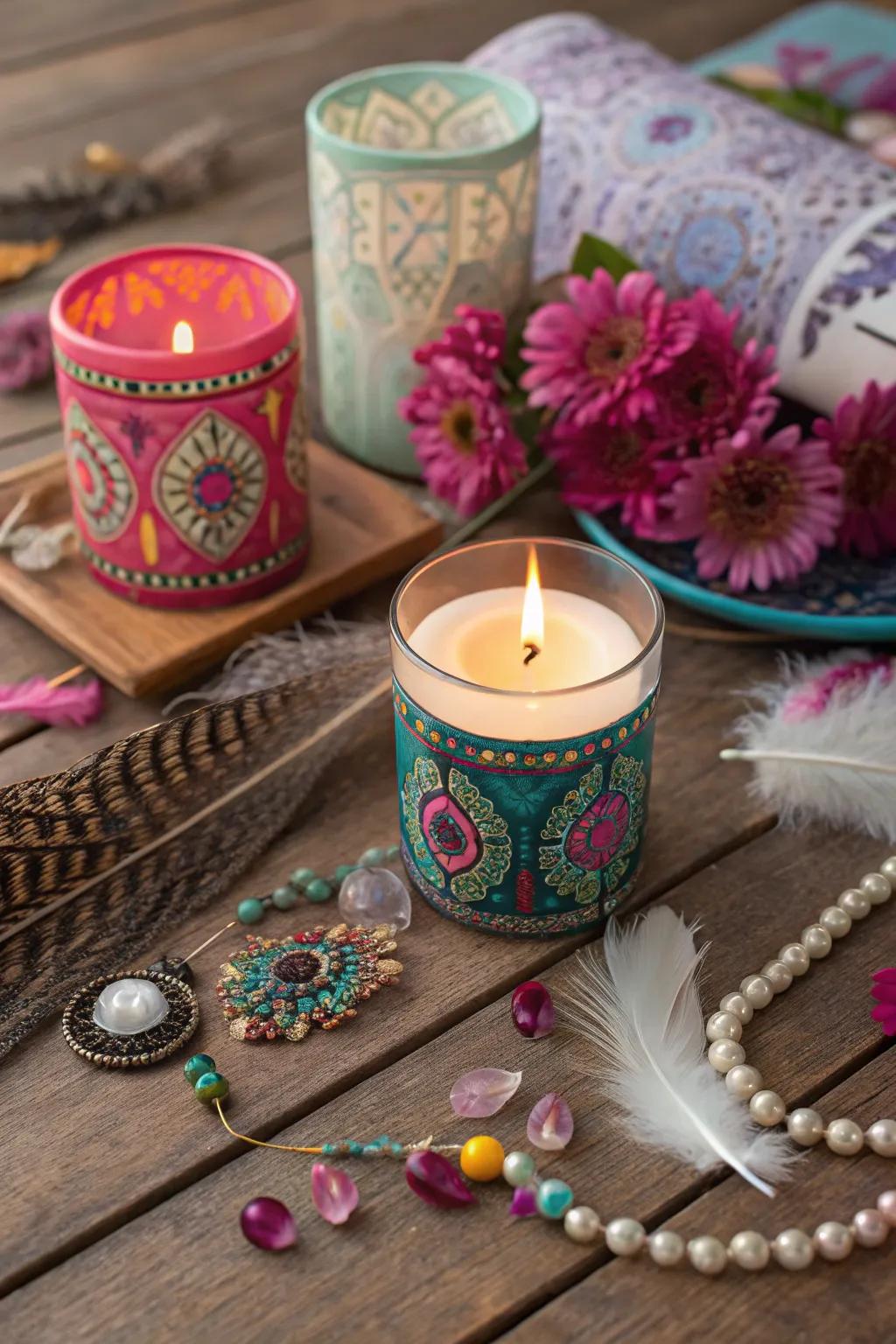Eclectic holders add a bohemian vibe to votive candles.