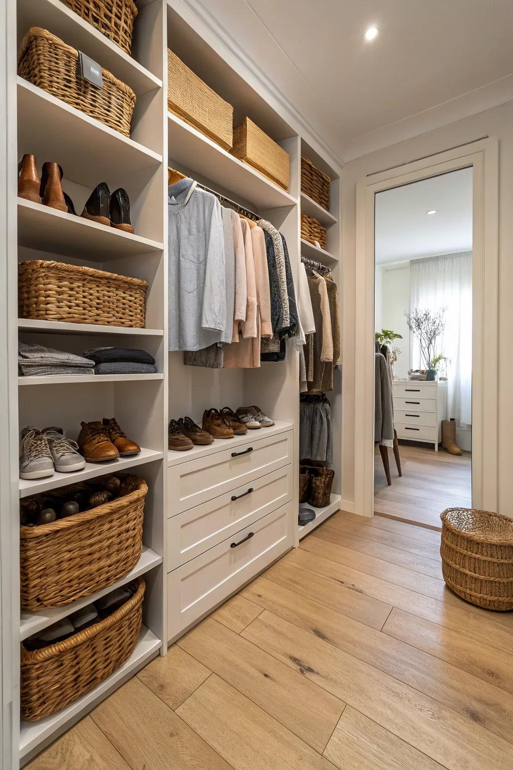 Natural elements create a warm and inviting closet space.