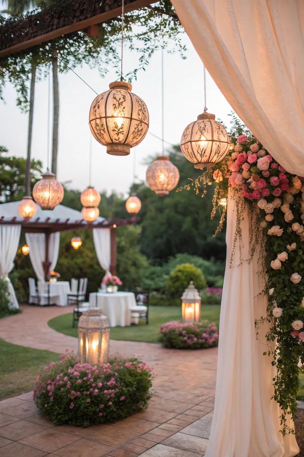 Hanging lanterns add whimsy to the wedding decor.