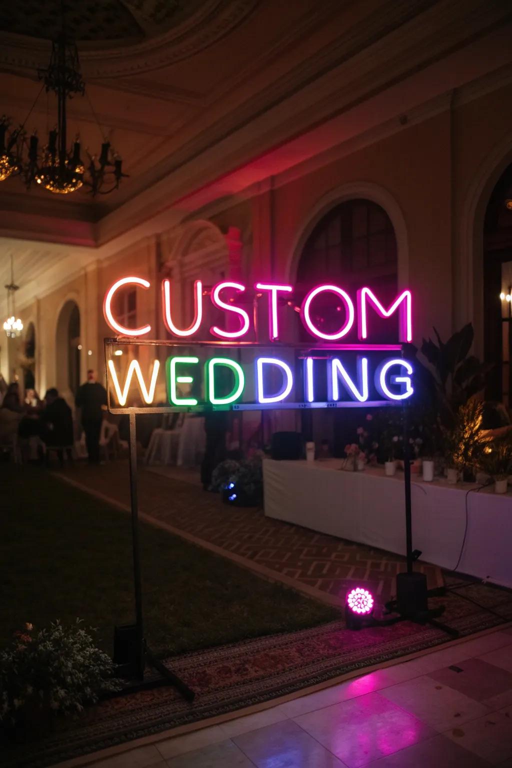 Neon signs provide a modern and vibrant glow to illuminate your special day.