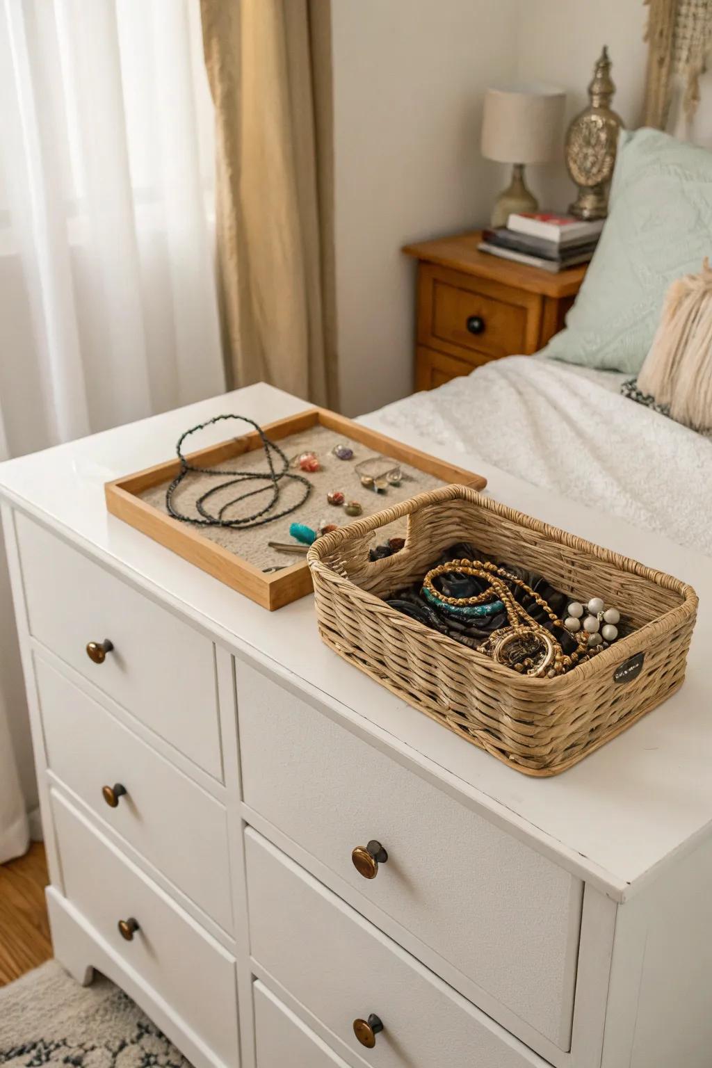 A basket keeps your jewelry organized and beautifully displayed.