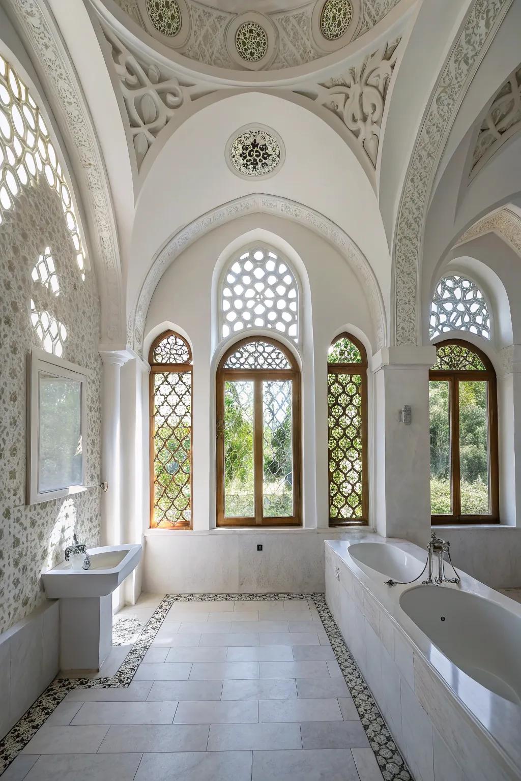 Architectural features add character to this white bathroom.