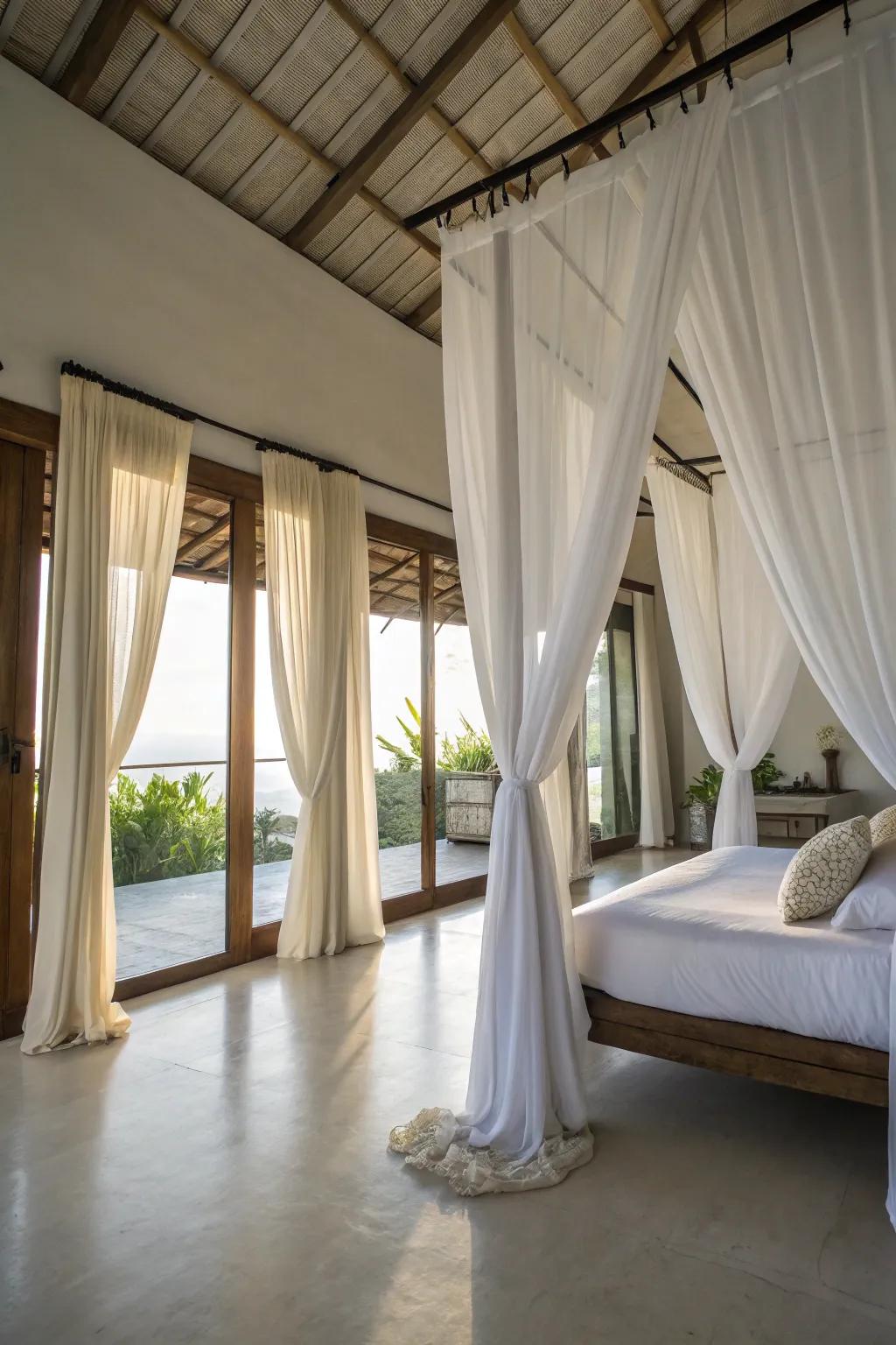 Long white curtains create a dramatic, height-enhancing effect.
