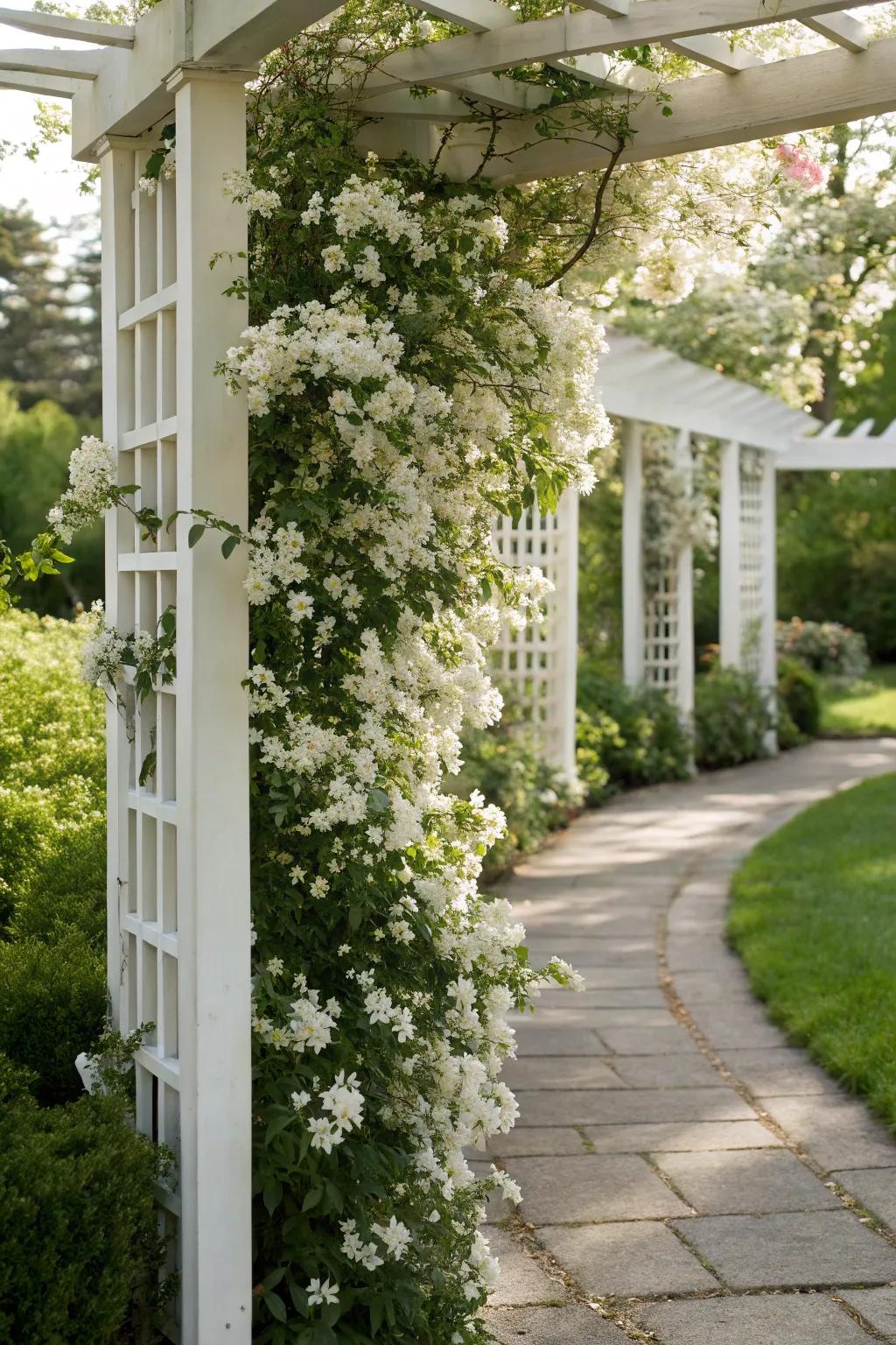 An architectural white screen beautifully supports trailing flora.