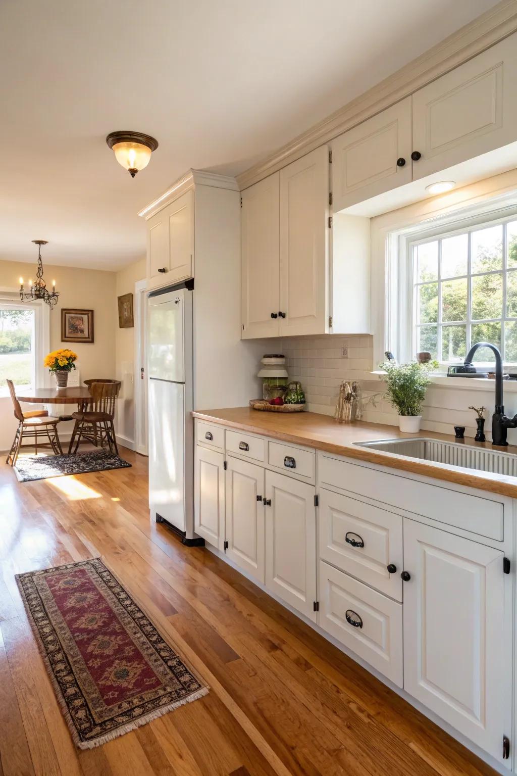 Wood accents provide a cozy contrast to white cabinets.