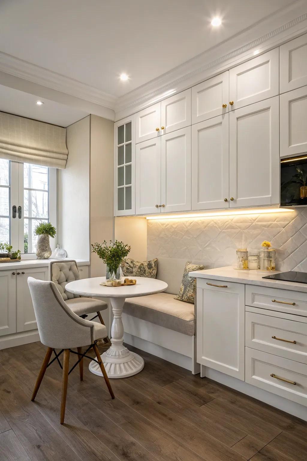 A cozy nook adds a personal retreat in the white kitchen.