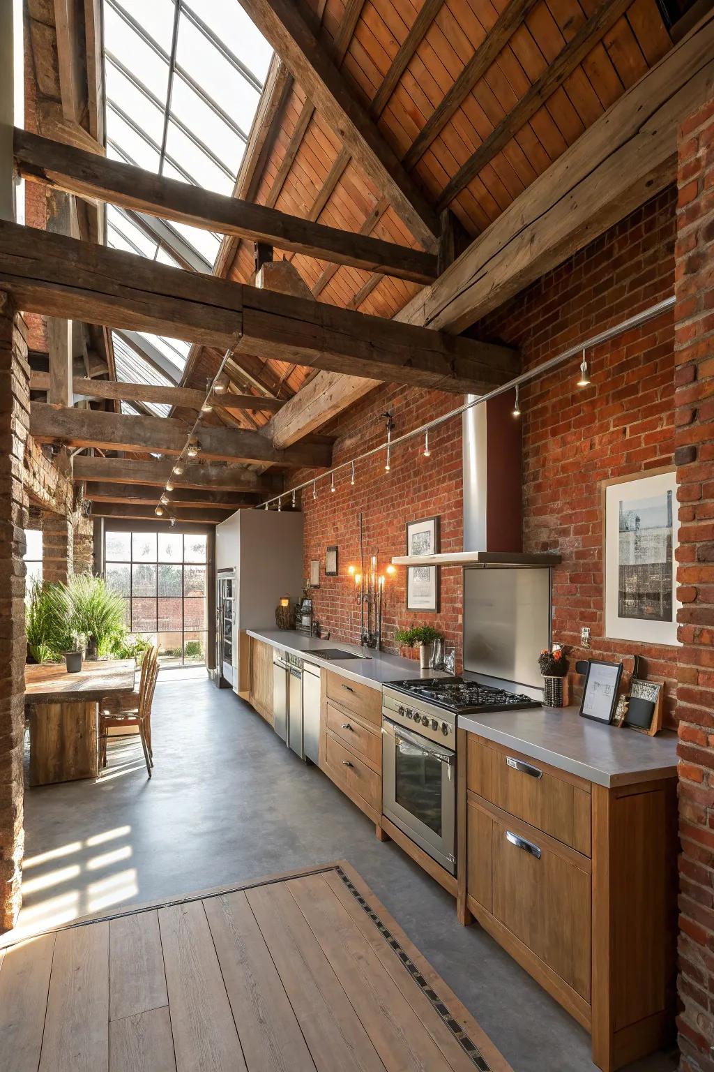 Architectural features enhancing the charm of a wide galley kitchen.