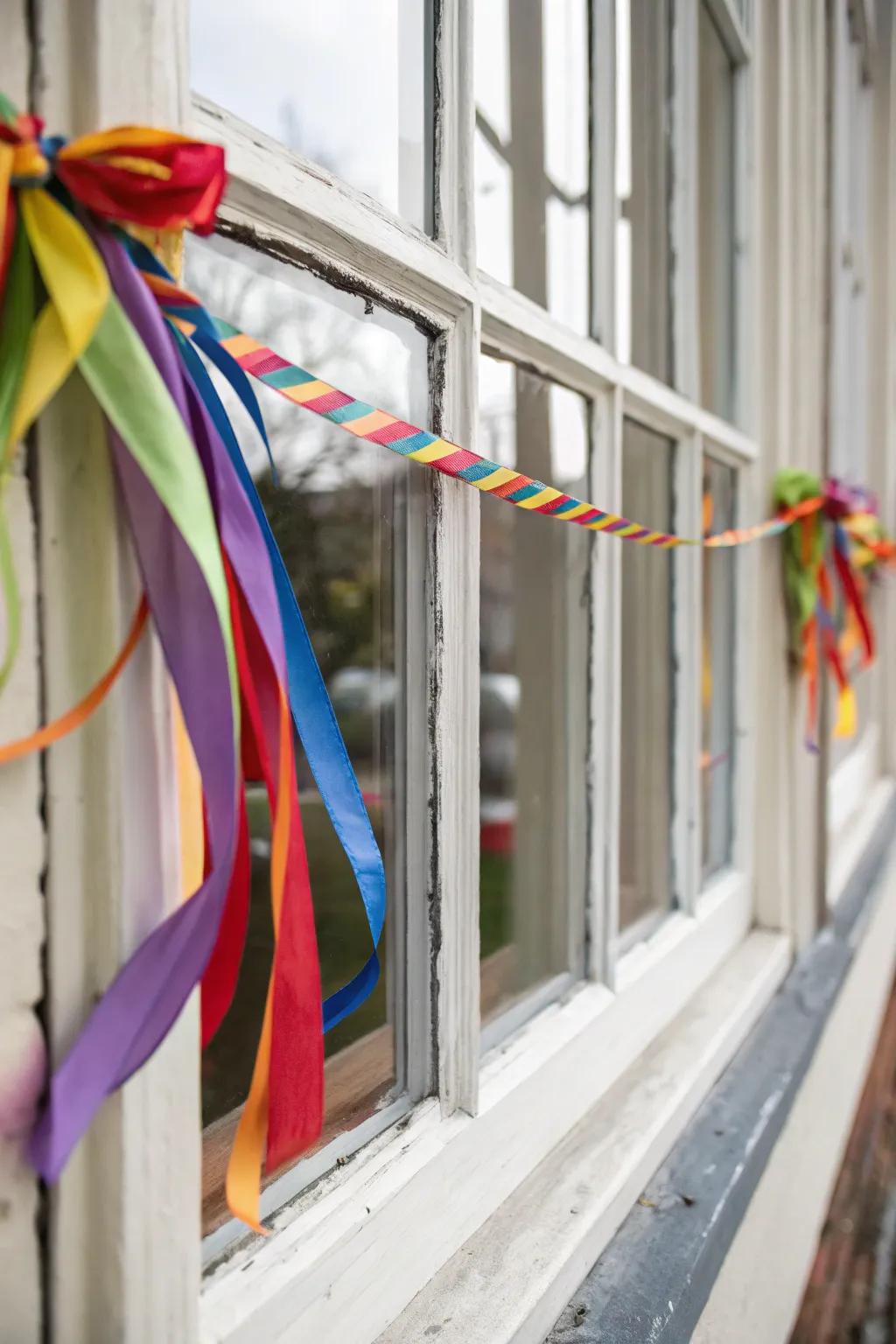 Textile straps introduce a jovial accent to window frame ornamentation.