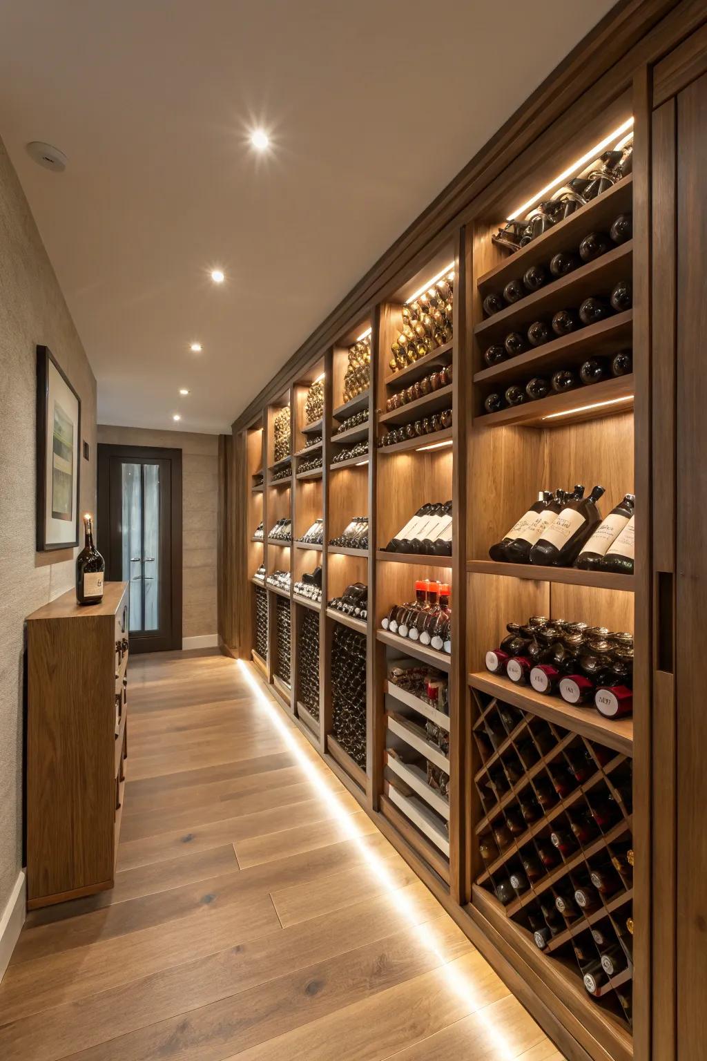 Hidden lights in cabinets adding a magical touch to the wine room.