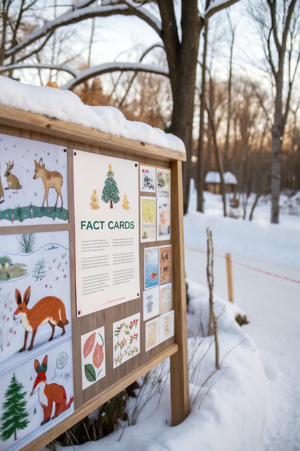 Winter animals on display with educational fact cards create an informative board.