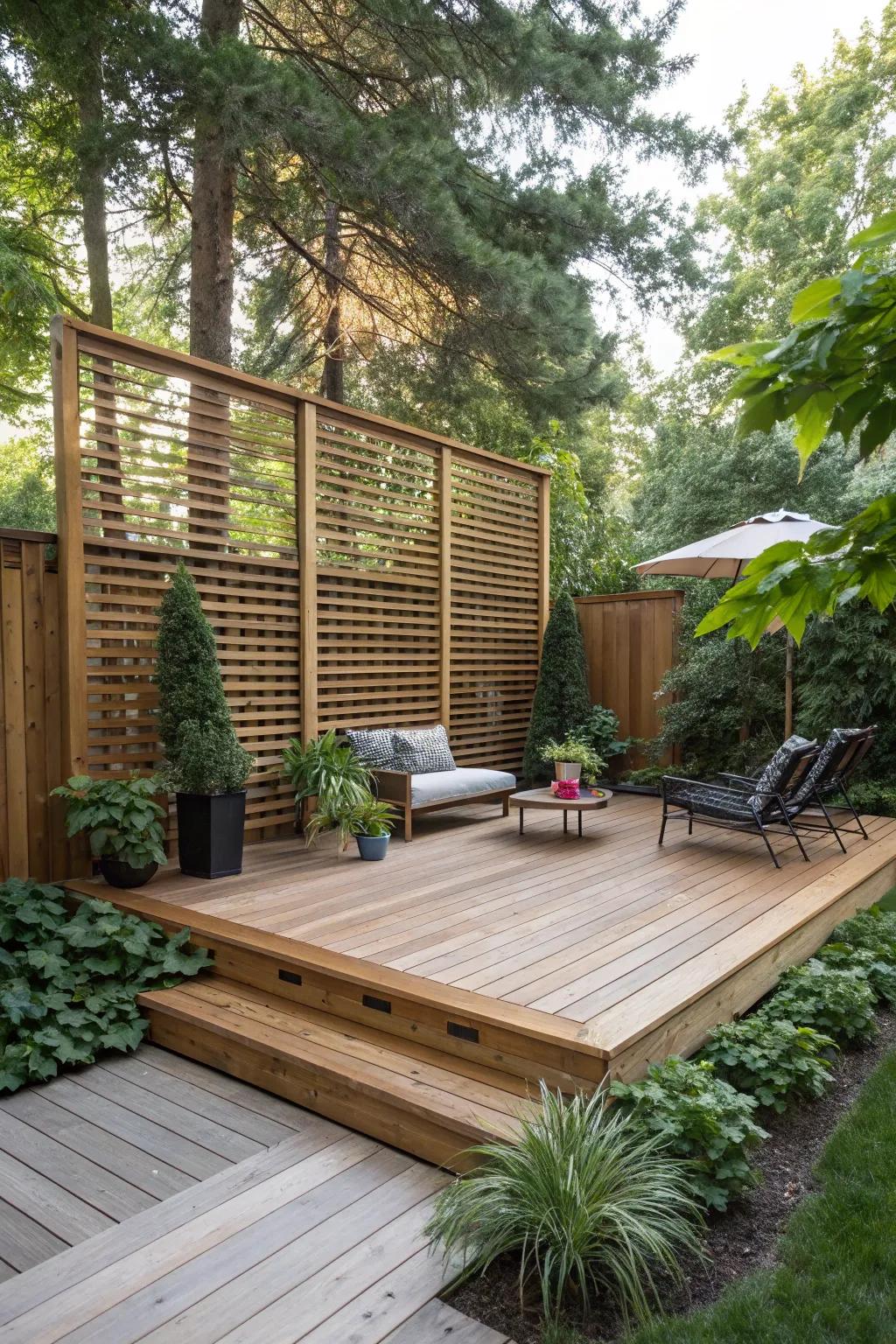 A deck with a privacy screen for a secluded feel.