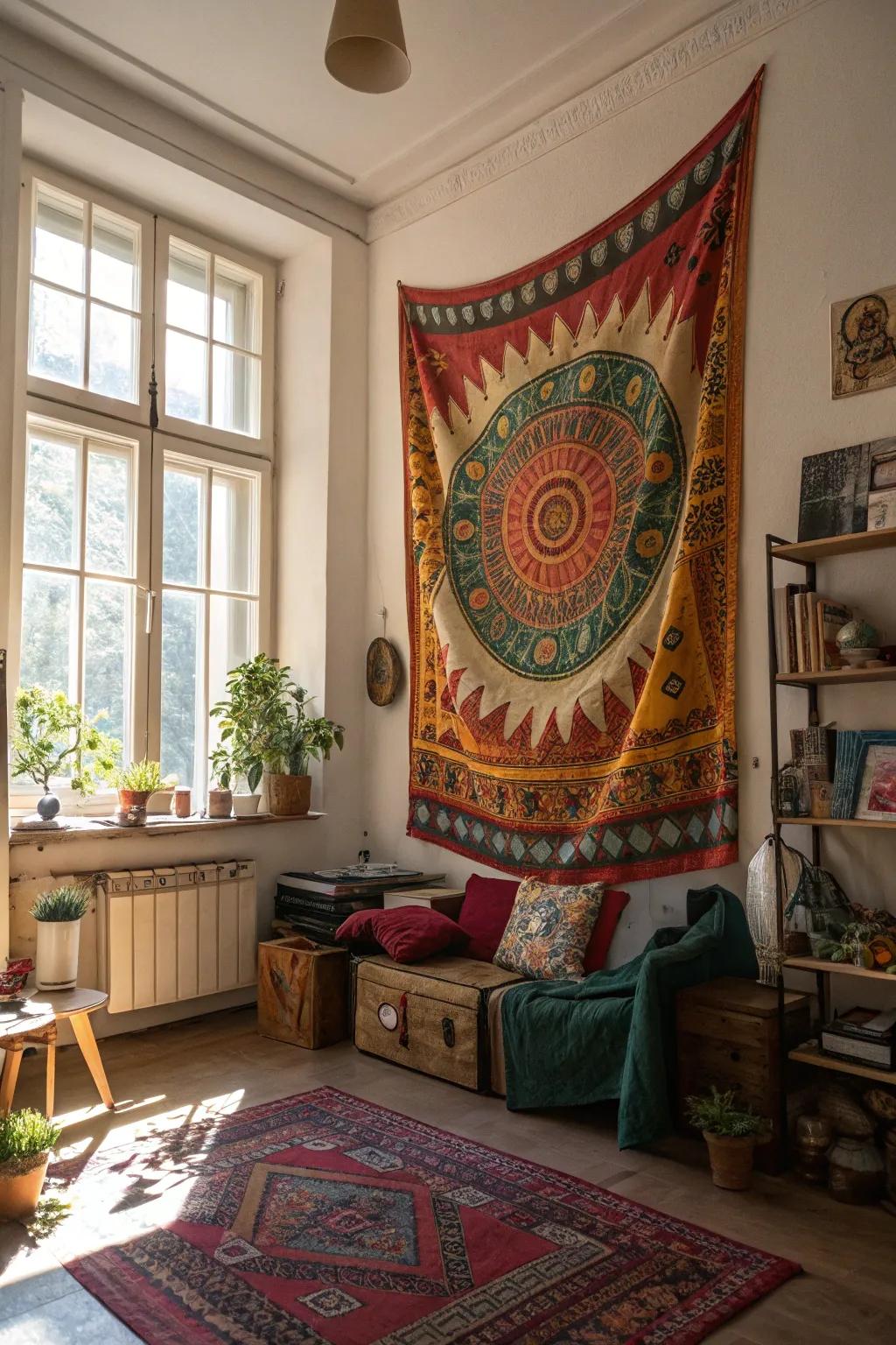 Tapestries introduce color and bohemian style.